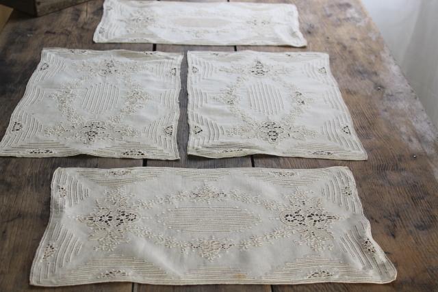 Madeira hand embroidered linen placemats w/ drawn work, padded satin stitch embroidery