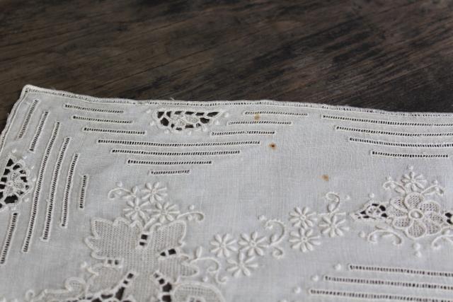 Madeira hand embroidered linen placemats w/ drawn work, padded satin stitch embroidery