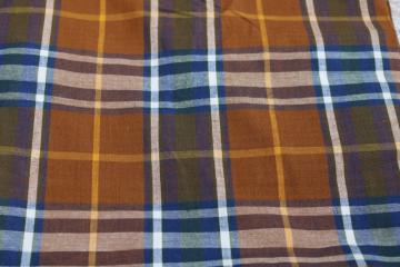 Madras cotton plaid shirting, vintage fabric, copper brown gold navy blue woven plaid
