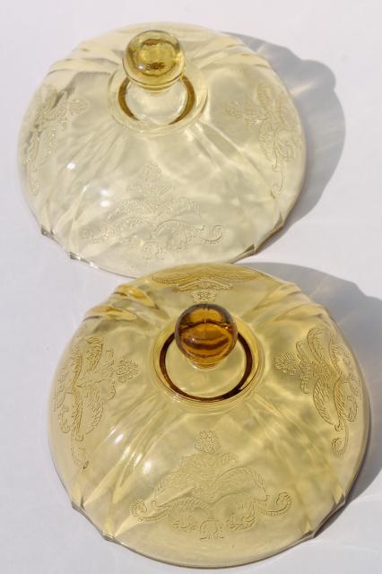 Madrid / Recollection pattern yellow amber depression glass round butter dish dome covers