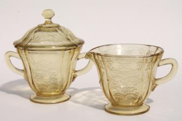 Madrid amber yellow depression glass, vintage cream pitcher & sugar bowl set