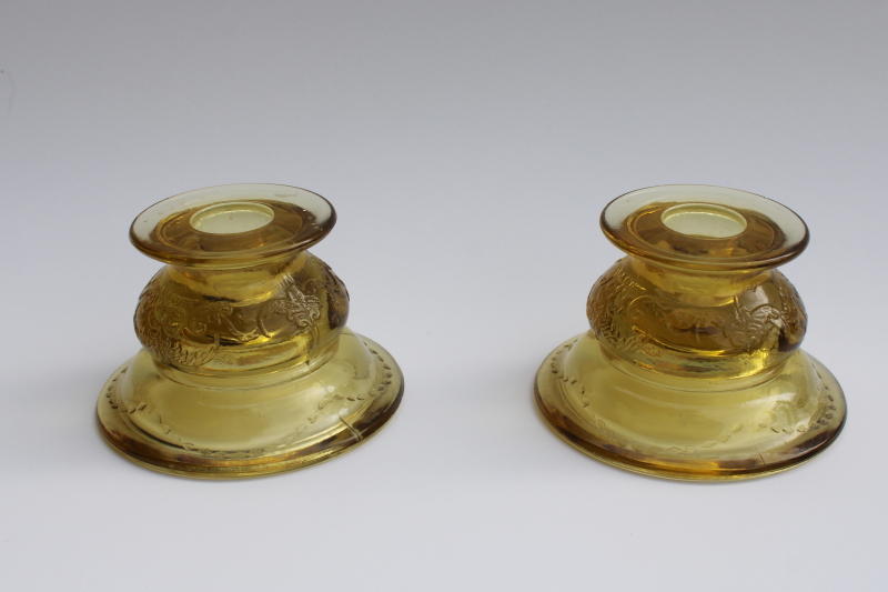 Madrid pattern amber yellow depression glass, pair of candle holders, 1930s vintage