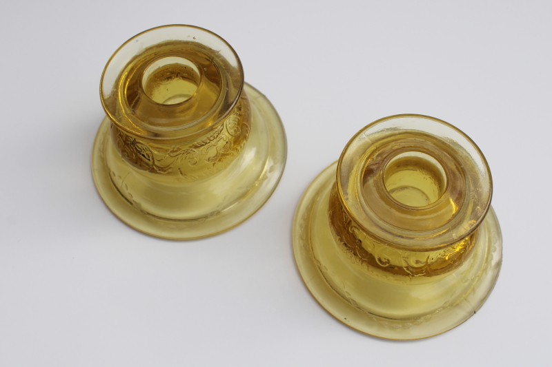 Madrid pattern amber yellow depression glass, pair of candle holders, 1930s vintage