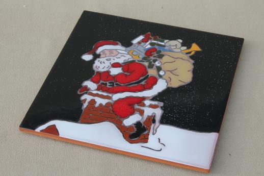 Mag-Mor hand-painted art pottery tile trivet w/ Christmas Santa Claus