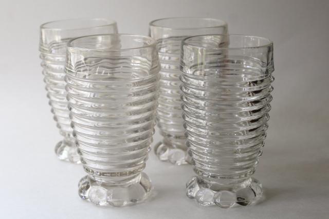 Manhattan vintage crystal clear Anchor Hocking tumblers, art deco stacked rings pattern