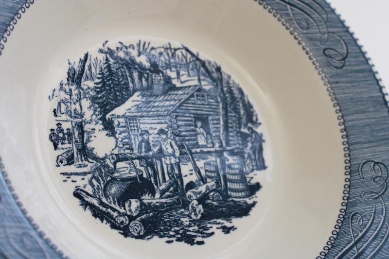 Maple Sugaring scene vintage Currier & Ives blue and white china serving bowl