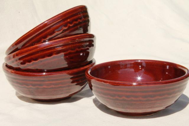 Marcrest daisy dot brown glaze stoneware pottery salad bowls set, vintage Mar-Crest