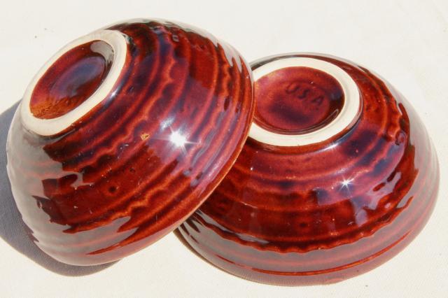 Marcrest daisy dot brown glaze stoneware pottery salad bowls set, vintage Mar-Crest