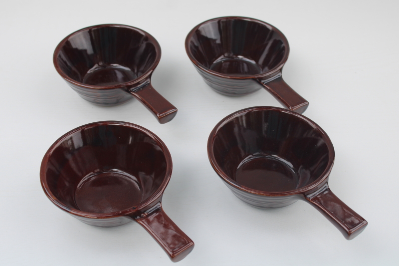 Marcrest daisy dot brown glazed stoneware pottery bowls, stick handle shape individual casseroles