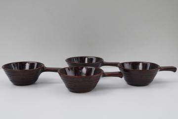 Marcrest daisy dot brown glazed stoneware pottery bowls, stick handle shape individual casseroles