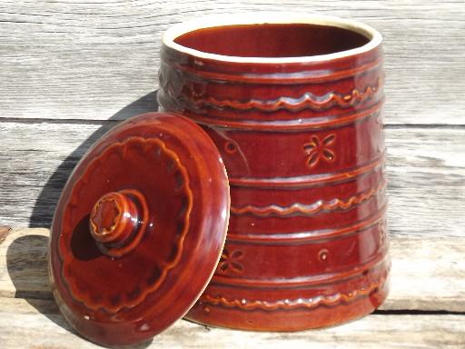 Marcrest daisy-dot stoneware cookie jar crock, vintage Western pottery