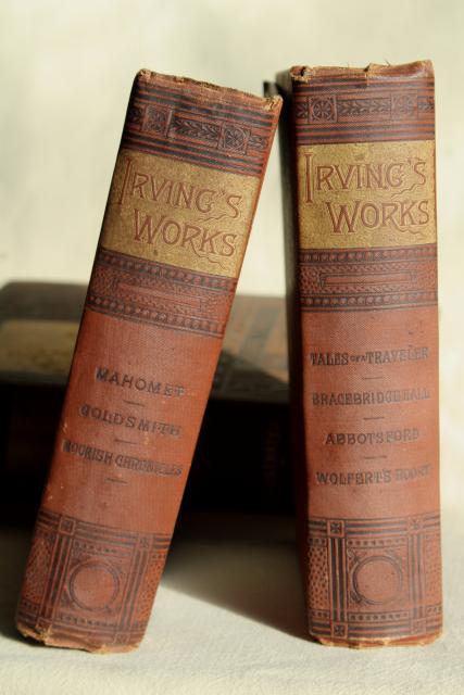 Mark Twain, Washington Irving antique gold embossed Victorian era art binding book covers