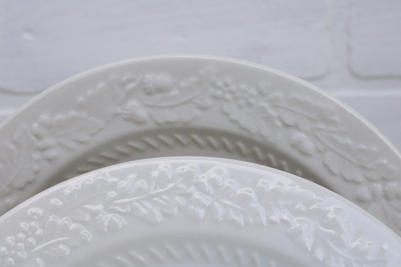 Martha Stewart MSE Acorn oak leaf embossed china, neutral fall dinnerware salad plates set, white ironstone style