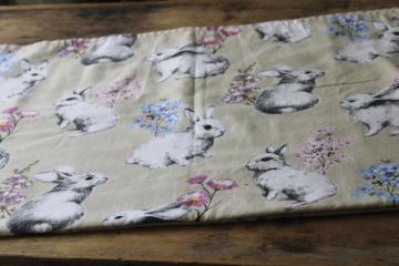 Martha Stewart bunnies print cotton poly tablecloth, neutral greige Easter decor rabbits w/ flowers