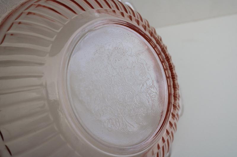 Mayfair pink depression glass handled bowl, 1930s vintage Anchor Hocking glassware
