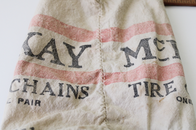 McKay tire chains vintage bag, cotton feed sack fabric w/ print graphics