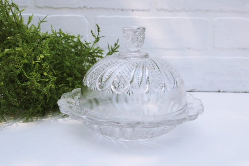 McKee Doric feather pattern pressed glass butter dish, round butter dish plate w/ dome cover