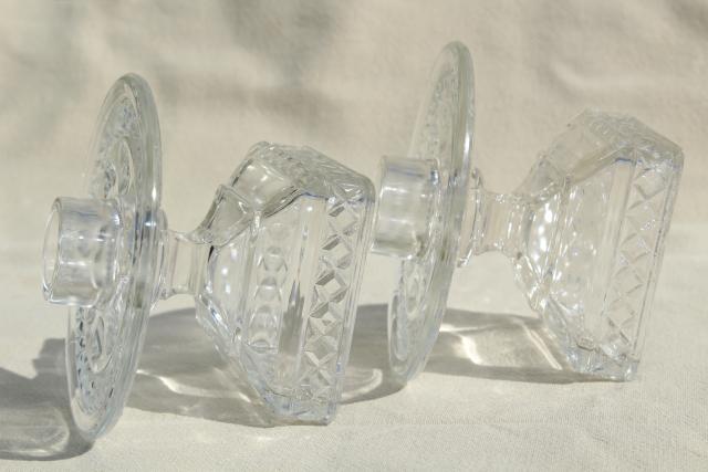 McKee Plymouth candle holders, vintage thumbprint waffle pattern glass candlesticks