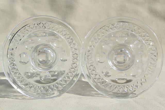McKee Plymouth candle holders, vintage thumbprint waffle pattern glass candlesticks
