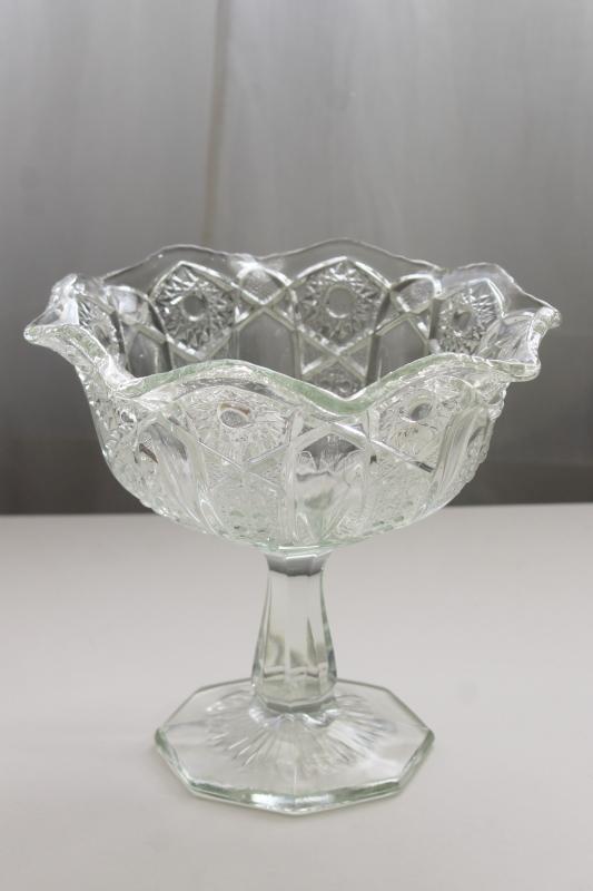 McKee Quintec sunburst pattern crystal clear pressed glass compote, early 1900s vintage