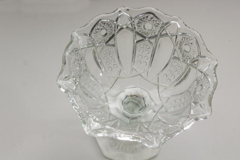 McKee Quintec sunburst pattern crystal clear pressed glass compote, early 1900s vintage