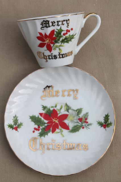 Merry Christmas motto china tea cup & saucer set, vintage Norcrest label Japan