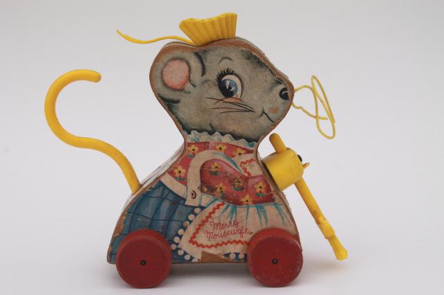 Merry Mouse Wife 1960s vintage Fisher Price wood pull toy, lady mouse keeper w/ broom