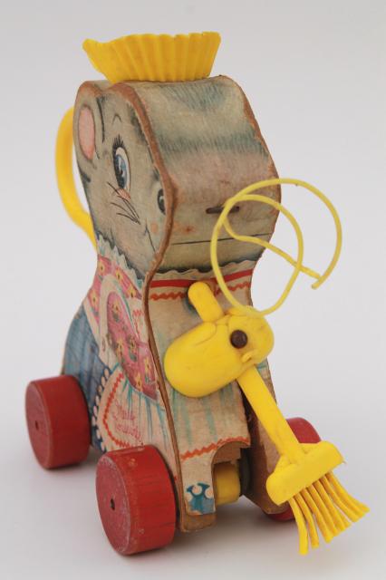 Merry Mouse Wife 1960s vintage Fisher Price wood pull toy, lady mouse keeper w/ broom