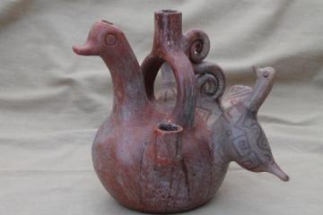 Mexican / Central American pottery candle holder pot, jug shape w/ hand painted birds