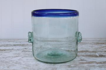 Mexican glass ice bucket, vintage cobalt blue rim hand blown glass barware