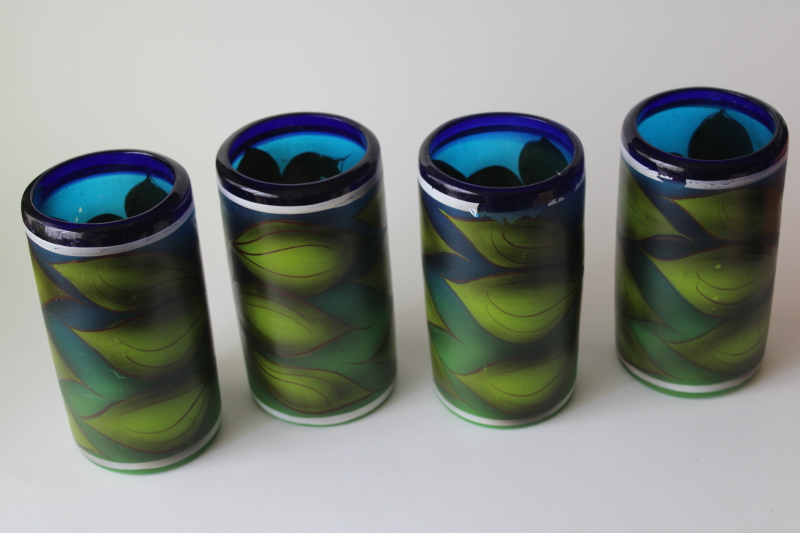 Mexican hand blown glass w/ hand painted sunflowers, chunky tumblers, vases or drinking glasses