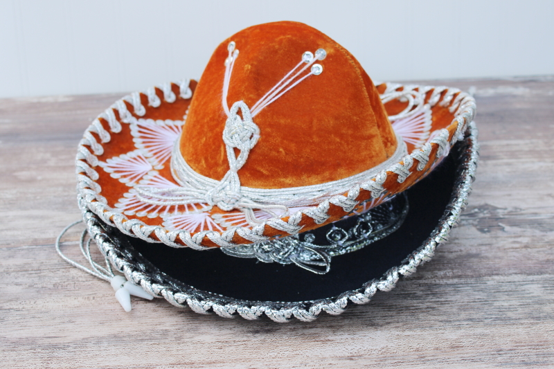 Mexican mariachi sombrero hats, embroidered velvet orange and black, vintage Pigalle