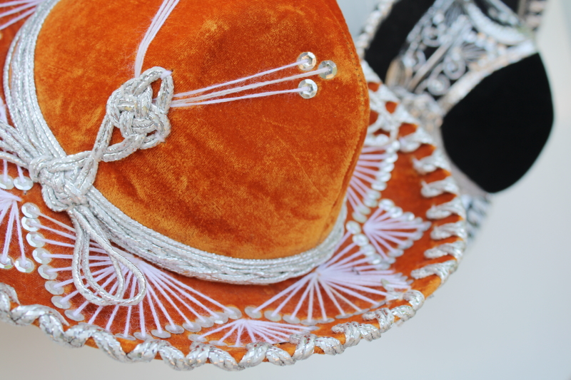 Mexican mariachi sombrero hats, embroidered velvet orange and black, vintage Pigalle