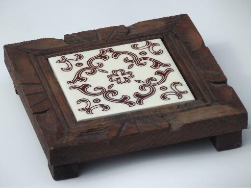 Mexican tile trivets, carved wood w/ Monterrey Mexico handpainted tiles