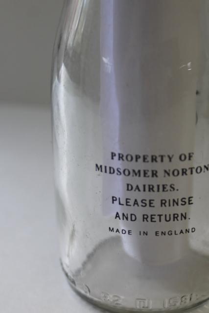Midsomer Norton Dairies vintage glass milk bottle, half pint Pretty Pitcher illustration