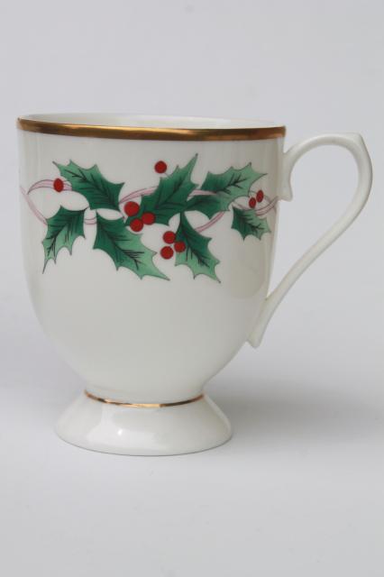 Mikasa Christmas Ribbon Holly holiday china coffee mugs, set of four cups