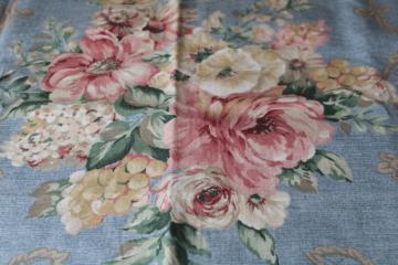 Mill Creek floral print cotton fabric, large roses soft colors on chambray blue