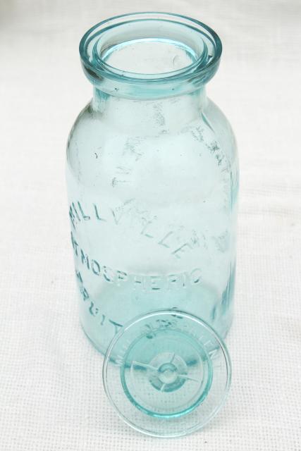Millville Atmospheric Fruit Jar, old embossed blue glass canning jar