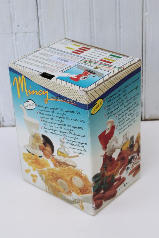 Mincy white plastic meat grinder kitchen chopper, mod vintage Italian design in original box