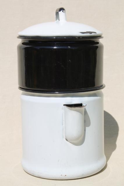Modern Design label 1930s vintage enamelware stovetop coffee maker dripolator drip pot