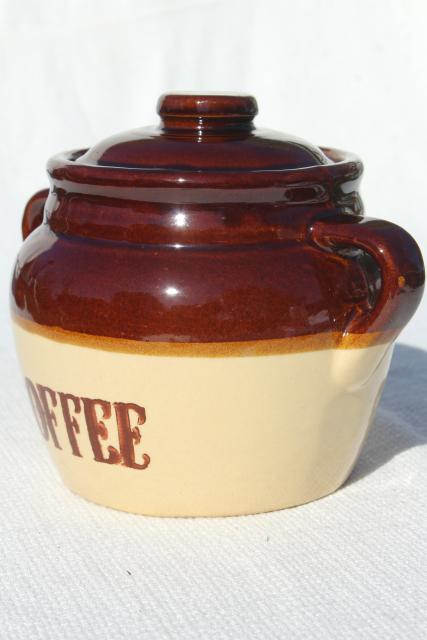 Monmouth stoneware pottery crock marked Coffee, vintage canister jar
