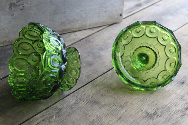 Moon and Stars green glass covered bowl or large candy dish, 70s vintage Smith glass