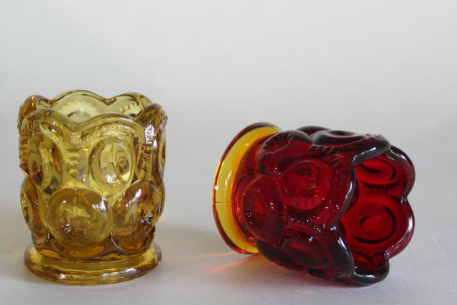 Moon and Stars pattern pressed glass toothpick holders, vintage amberina and amber glass