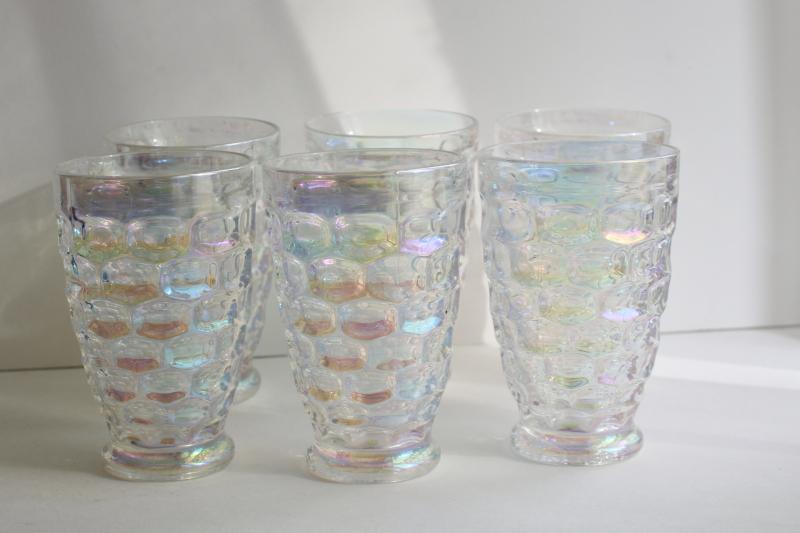 Moonglow iridescent luster tumblers, vintage Federal glass thumbprint pattern drinking glasses