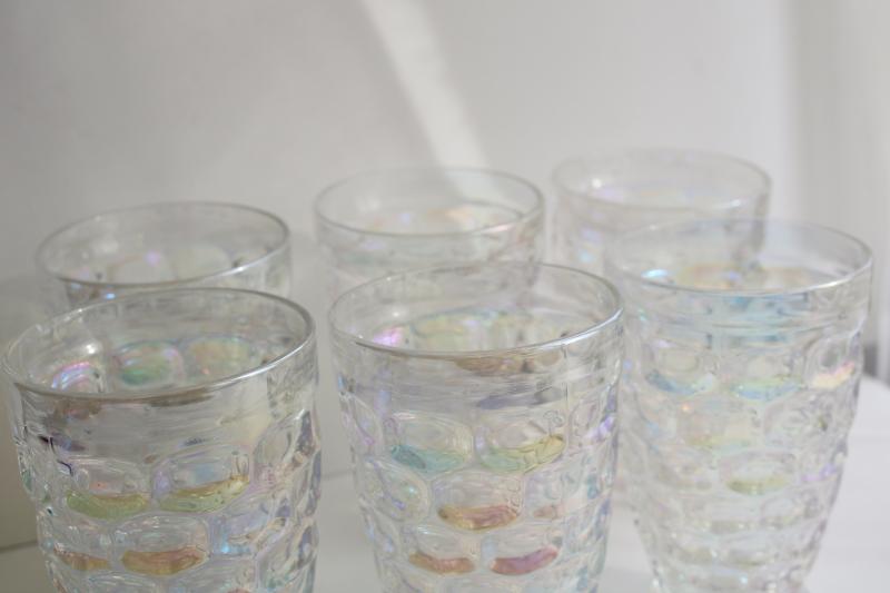 Moonglow iridescent luster tumblers, vintage Federal glass thumbprint pattern drinking glasses