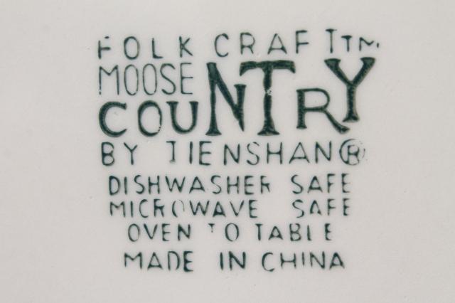 Moose Country green sponge ware stoneware dinner plates & bowls, Tienshan china