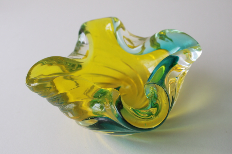 Murano style hand blown art glass ashtray unsigned, aqua waves w/ yellow colorful glass
