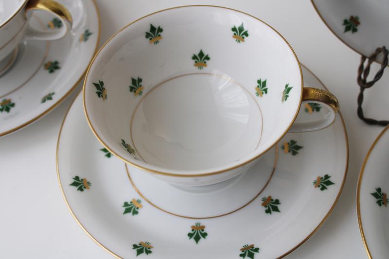 Nanette green & gold fleur de lis pattern teacups and saucers, Baronet Eschenbach Bavaria