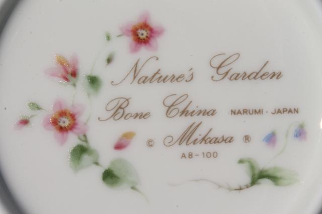 Nature's Garden Mikasa china coaster / ashtray set, 8 butter pat size tiny plates