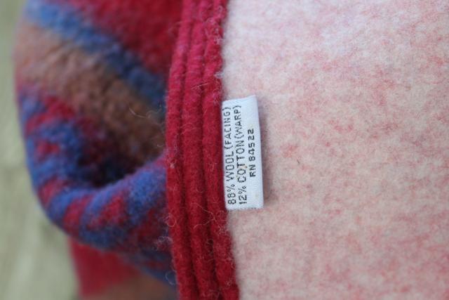 Navajo label Indian camp bed blanket, vintage wool blanket w/ felt binding red & blue